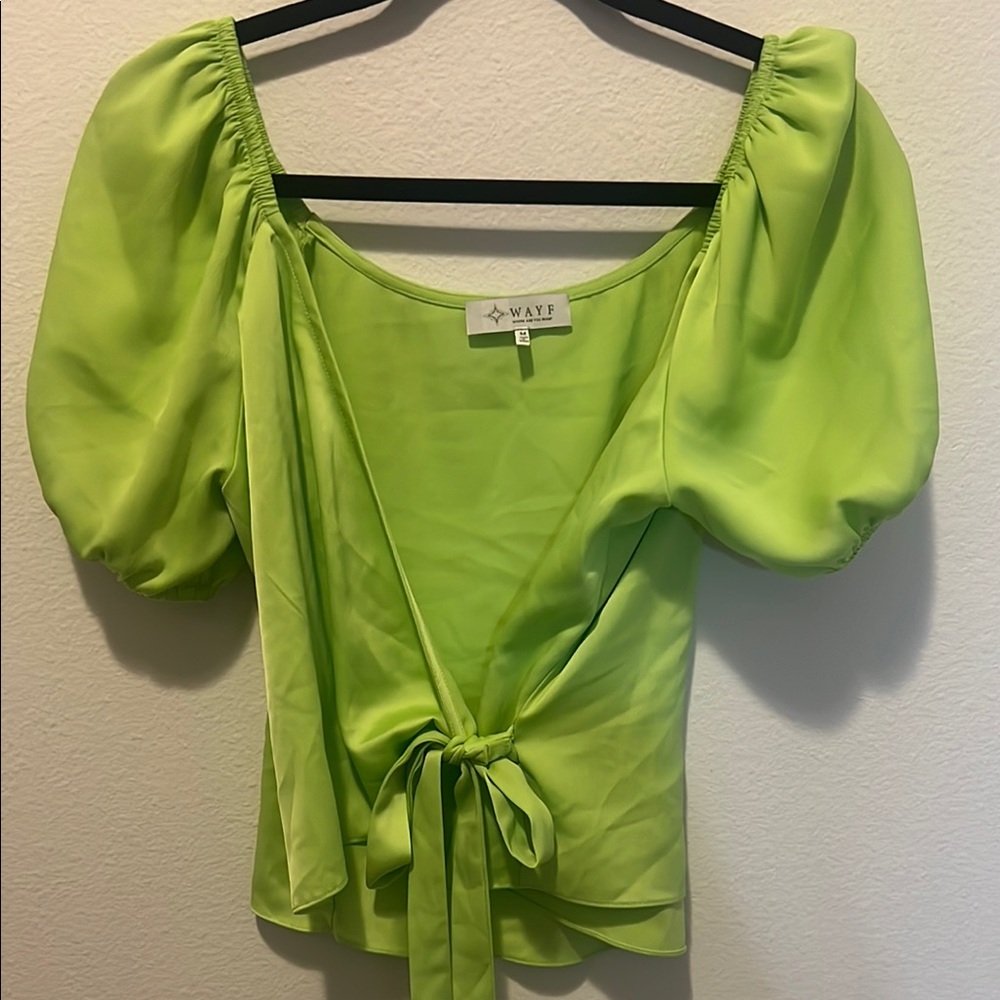 WAYF Lime Puff-Sleeve Tie-Front Top